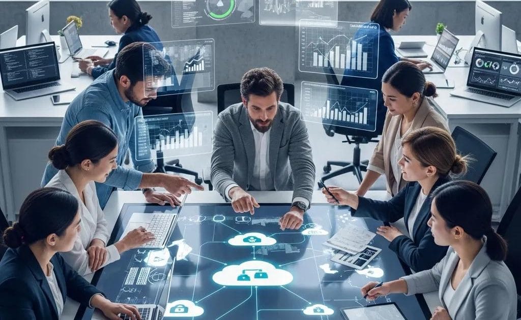 Diverse professionals collaborating on IT solutions in a modern office