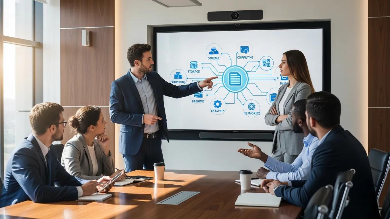 Business team discussing cloud support solutions with <span style=