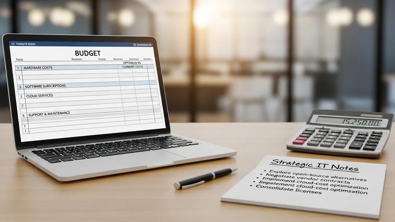 Office desk with tools illustrating cost-aware IT management